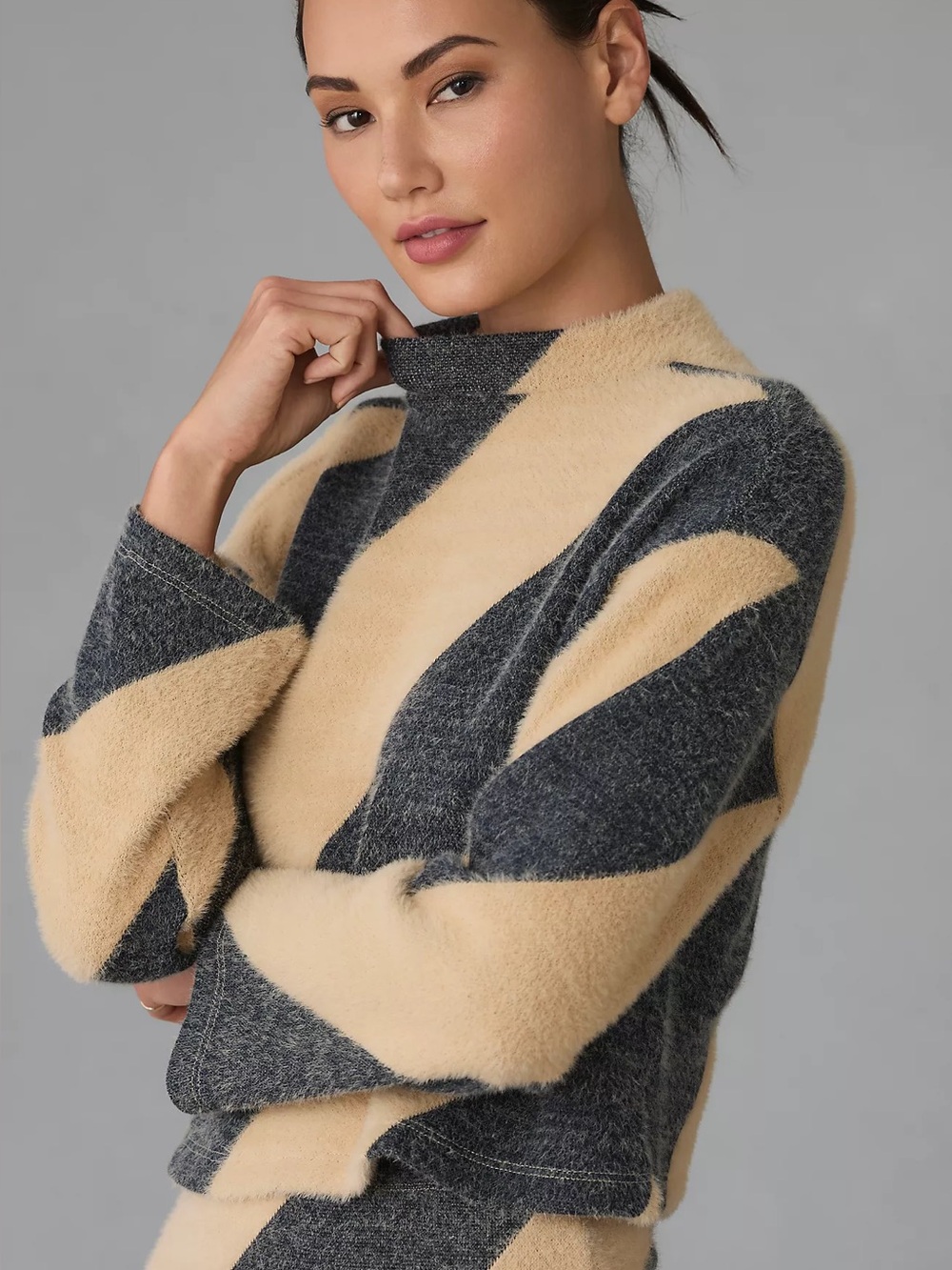 Maeve Mock-Neck Sweater Asymmetrical Stripes Sz XL